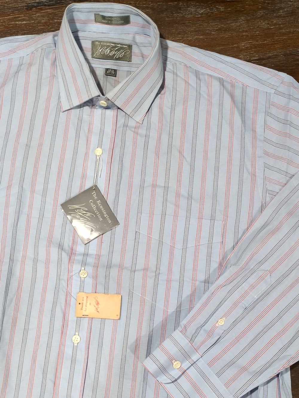 Kensington Collection Striped Men's Dress Shirt Blue with Red Stripes 16 1/2